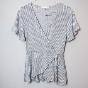 Striped Knit Wrap V-neck Top with Tie
